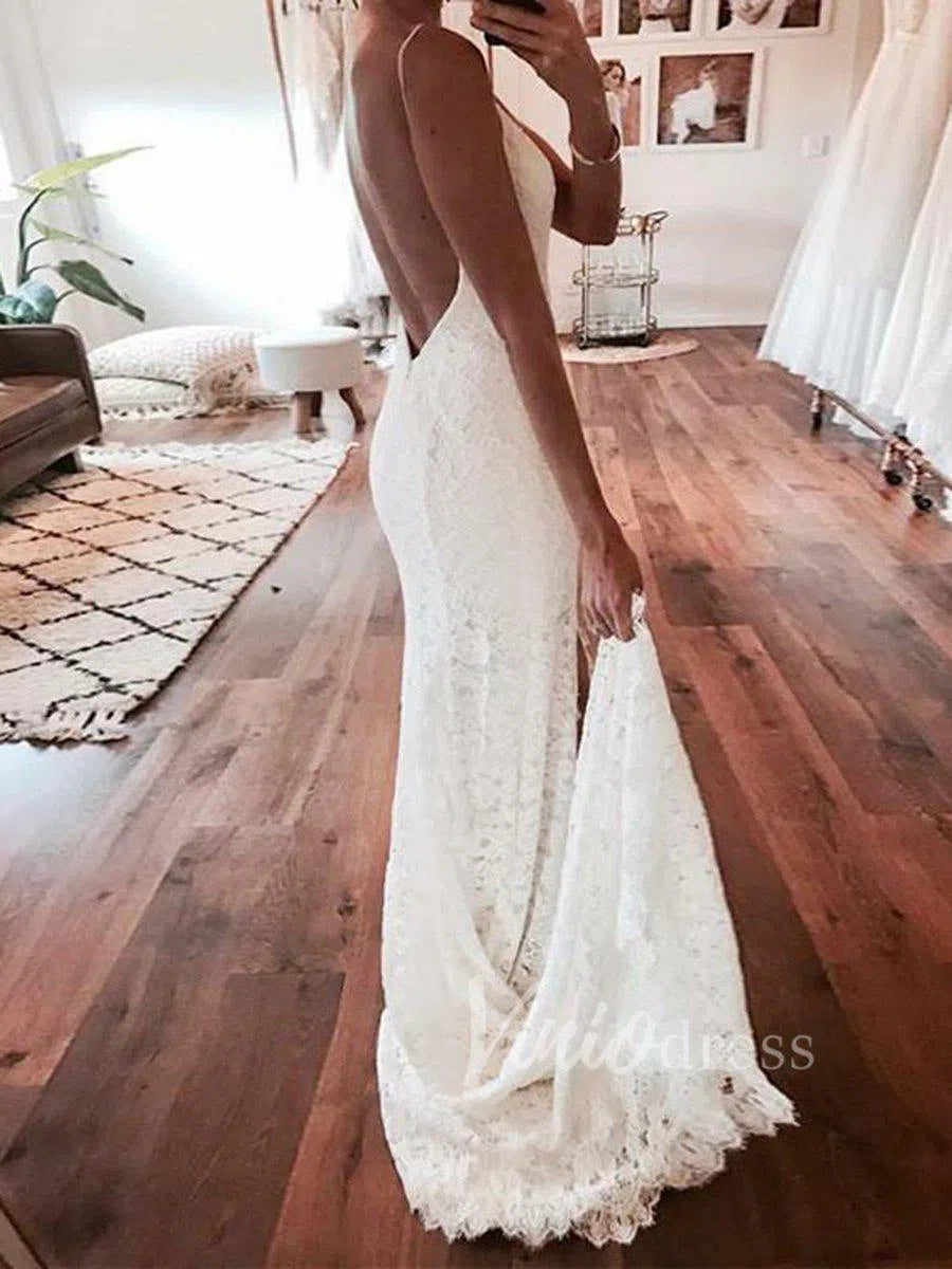 Spaghetti Strap Lace Boho Wedding Dresses with Slit VW1228-wedding dresses 2025 -Viniodress-Ivory-Custom Size-