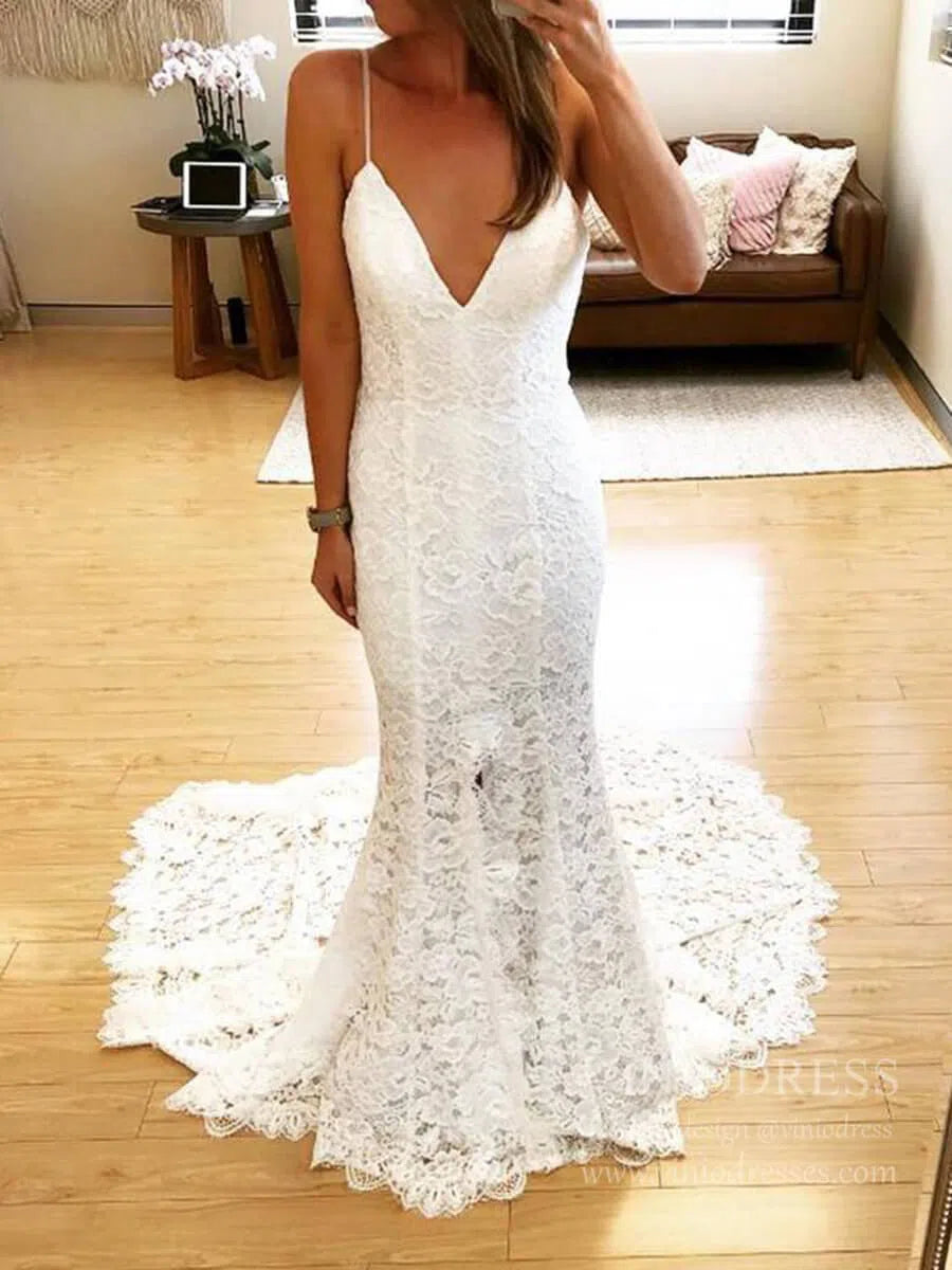 Spaghetti Strap Lace Boho Wedding Dresses with Slit VW1228-wedding dresses 2025 -Viniodress-Ivory-Custom Size-