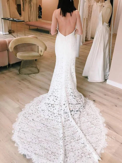 Spaghetti Strap Lace Boho Wedding Dresses with Slit VW1228-wedding dresses 2025 -Viniodress-Ivory-Custom Size-