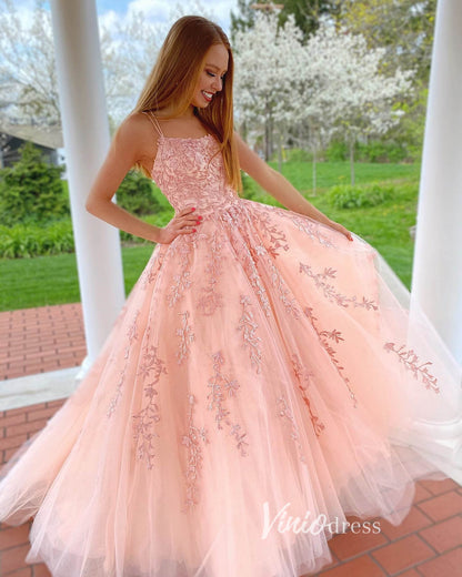 Spaghetti Strap Lace Long Prom Dresses Lace-Up Back FD1265B-prom dresses 2025 -Viniodress-Blush Pink-Custom Size-