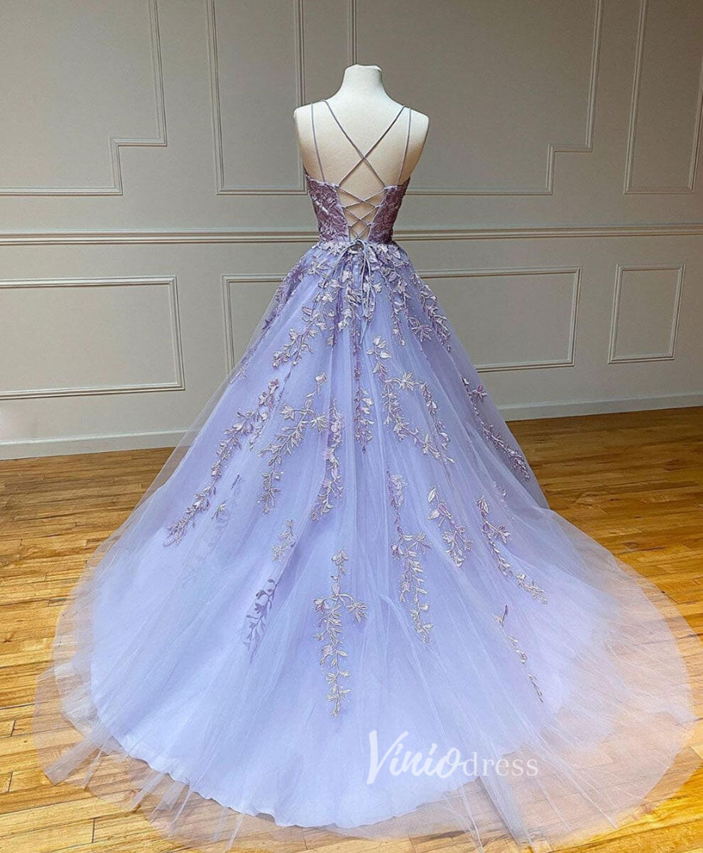 Spaghetti Strap Lace Long Prom Dresses Lace-Up Back FD1265B-prom dresses 2025 -Viniodress-Lavender-Custom Size-