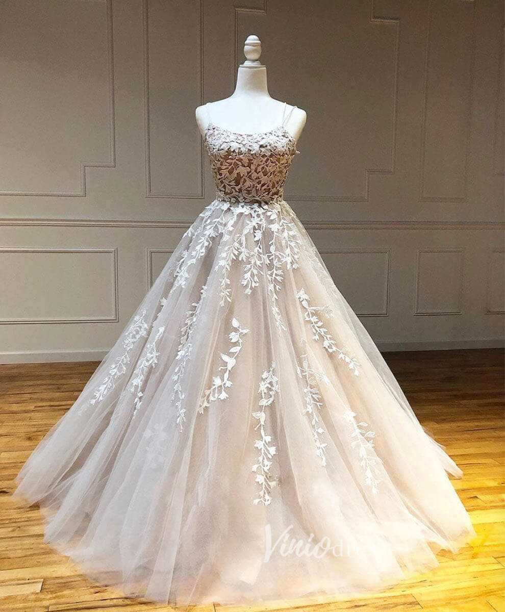 Spaghetti Strap Lace Long Prom Dresses Lace-Up Back FD1265B-prom dresses 2025 -Viniodress-Nude-Custom Size-