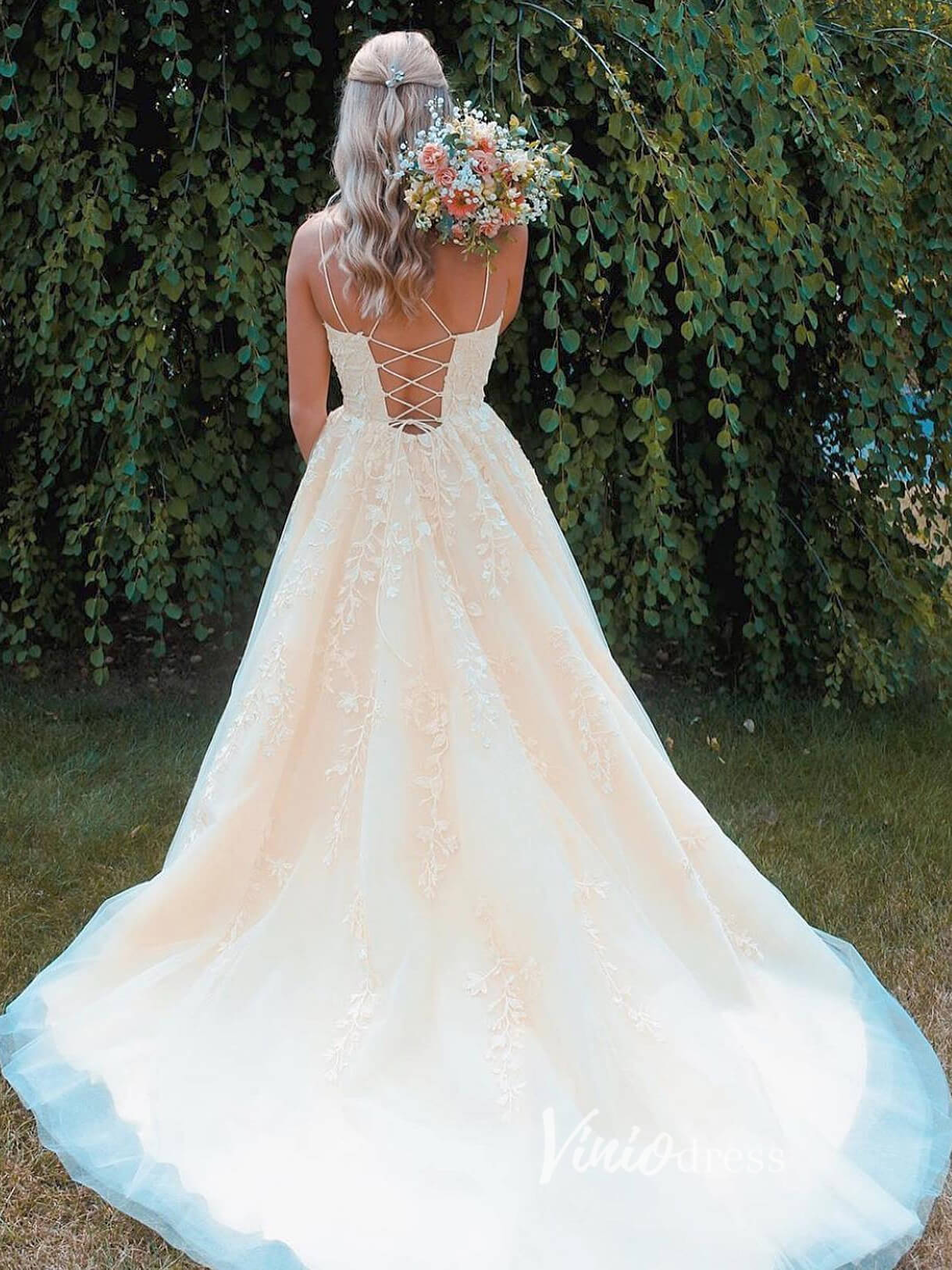 Spaghetti Strap Lace Long Prom Dresses Lace-Up Back FD1265B-prom dresses 2025 -Viniodress-Yellow-Custom Size-