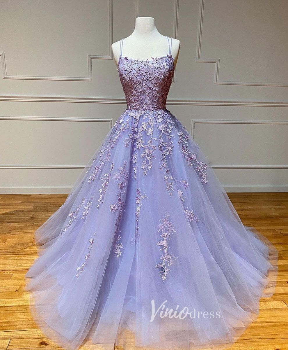 Prom Dress 2025 Spaghetti Strap Lace Long Prom Dresses Lace-Up Back FD1265B-unique prom dresses-Lavender-Custom Size-Viniodress