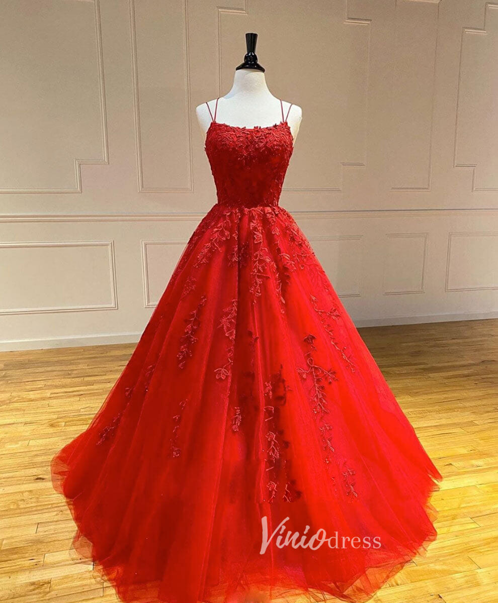 Prom Dress 2025 Spaghetti Strap Lace Long Prom Dresses Lace-Up Back FD1265B-unique prom dresses-Red-Custom Size-Viniodress