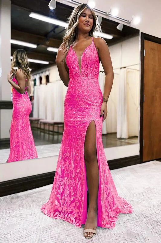 Spaghetti Strap Lace Mermaid Prom Dress with V-Neckline, High Slit, Lace-up Back Evening Gown-prom dresses 2026-Viniodress-Hot Pink-Custom Size-