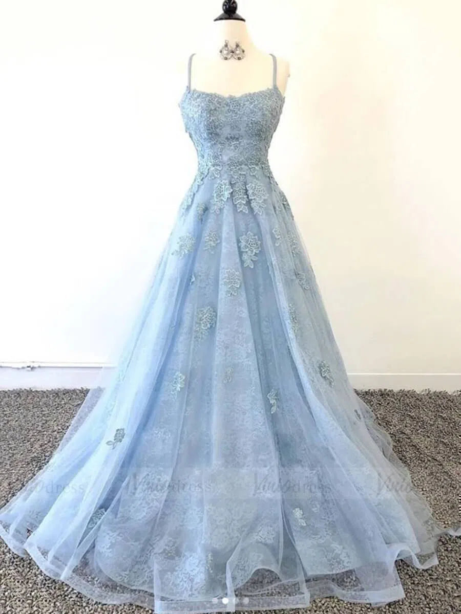 Spaghetti Strap Lace Prom Dresses Floral Military Gown FD1579-prom dresses 2025 -Viniodress-Light Blue-Custom Size-