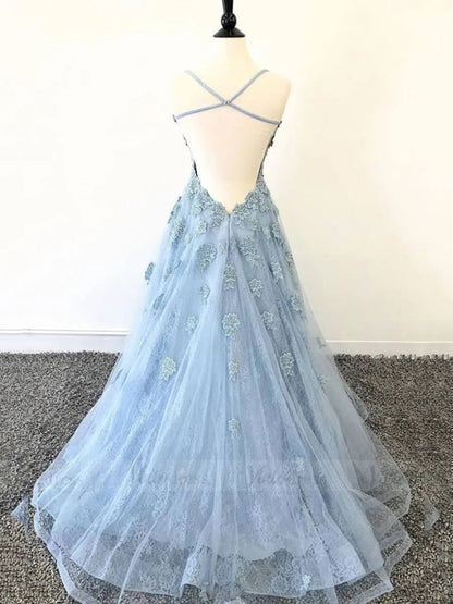Spaghetti Strap Lace Prom Dresses Floral Military Gown FD1579-prom dresses 2025 -Viniodress-Light Blue-Custom Size-