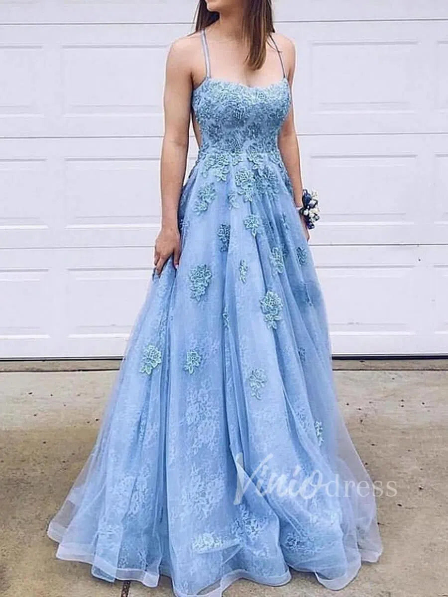 Prom Dress 2025 Spaghetti Strap Lace Prom Dresses Floral Military Gown FD1579-unique prom dresses-Light Blue-Custom Size-Viniodress