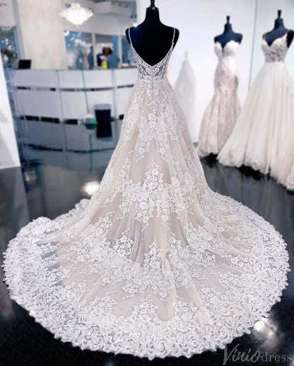 Spaghetti Strap Lace Wedding Dresses with Slit V-Neck Bridal Gown VW2166-wedding dresses 2025 -Viniodress-Nude-Custom Size-