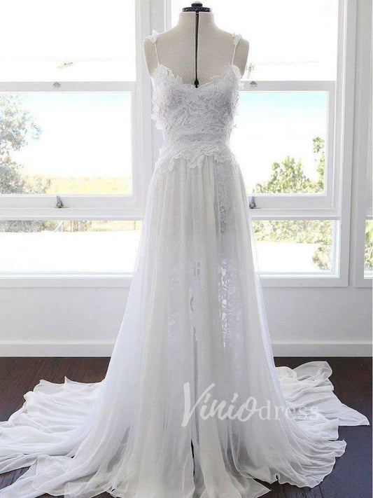 Spaghetti Strap Lace&Chiffon Bohemian Wedding Dresses with Slit VW1220-wedding dresses 2025 -Viniodress-Ivory-Custom Size-