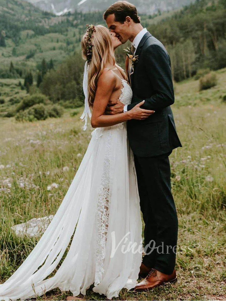 Spaghetti Strap Lace&Chiffon Bohemian Wedding Dresses with Slit VW1220-wedding dresses 2025 -Viniodress-Ivory-Custom Size-