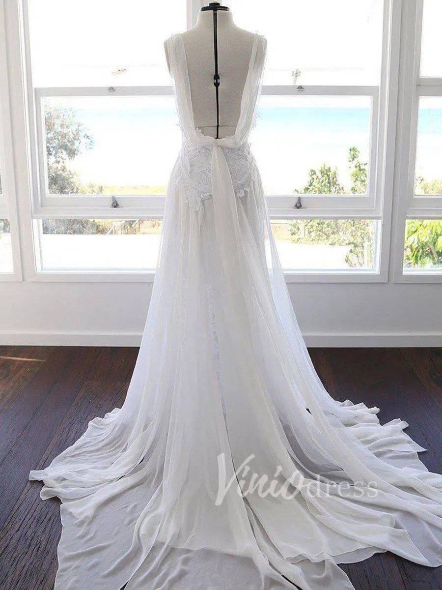 Spaghetti Strap Lace&Chiffon Bohemian Wedding Dresses with Slit VW1220-wedding dresses 2025 -Viniodress-Ivory-Custom Size-