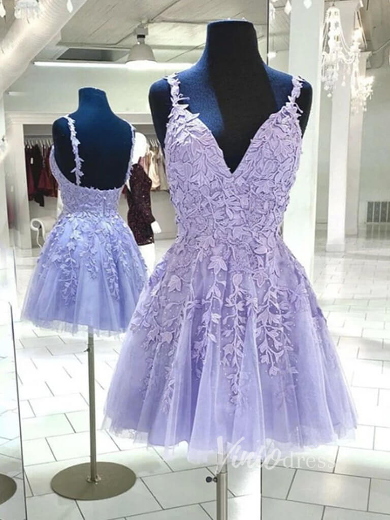 Short Prom Dresses 2025 Spaghetti Strap Lavender Lace Homecoming Dresses SD1177V-homecoming dresses-Viniodress-Lavender-Custom Size-Viniodress