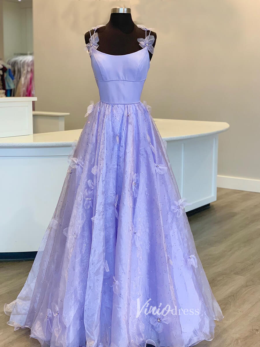 Spaghetti Strap Lavender Organza Prom Dresses with 3D Flowers FD1016B-prom dresses 2025 -Viniodress-Lavender-Custom Size-
