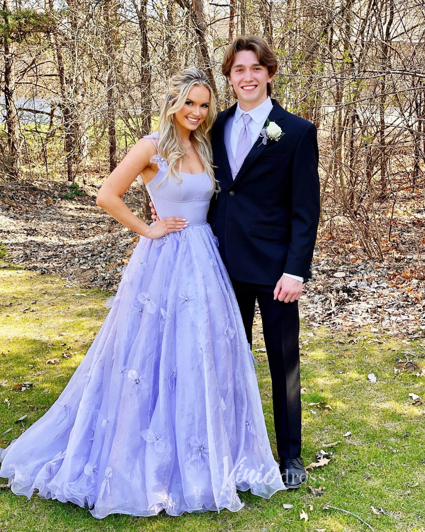 Spaghetti Strap Lavender Organza Prom Dresses with 3D Flowers FD1016B-prom dresses 2025 -Viniodress-Lavender-Custom Size-