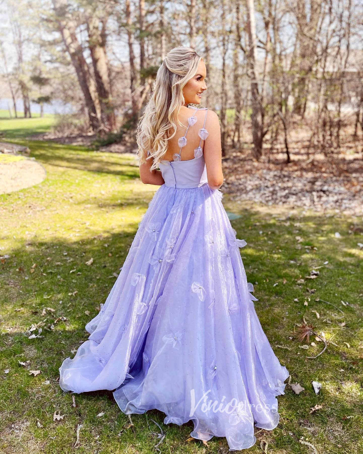 Prom Dress 2025 Spaghetti Strap Lavender Organza Prom Dresses with 3D Flowers FD1016B-unique prom dresses-Lavender-Custom Size-Viniodress