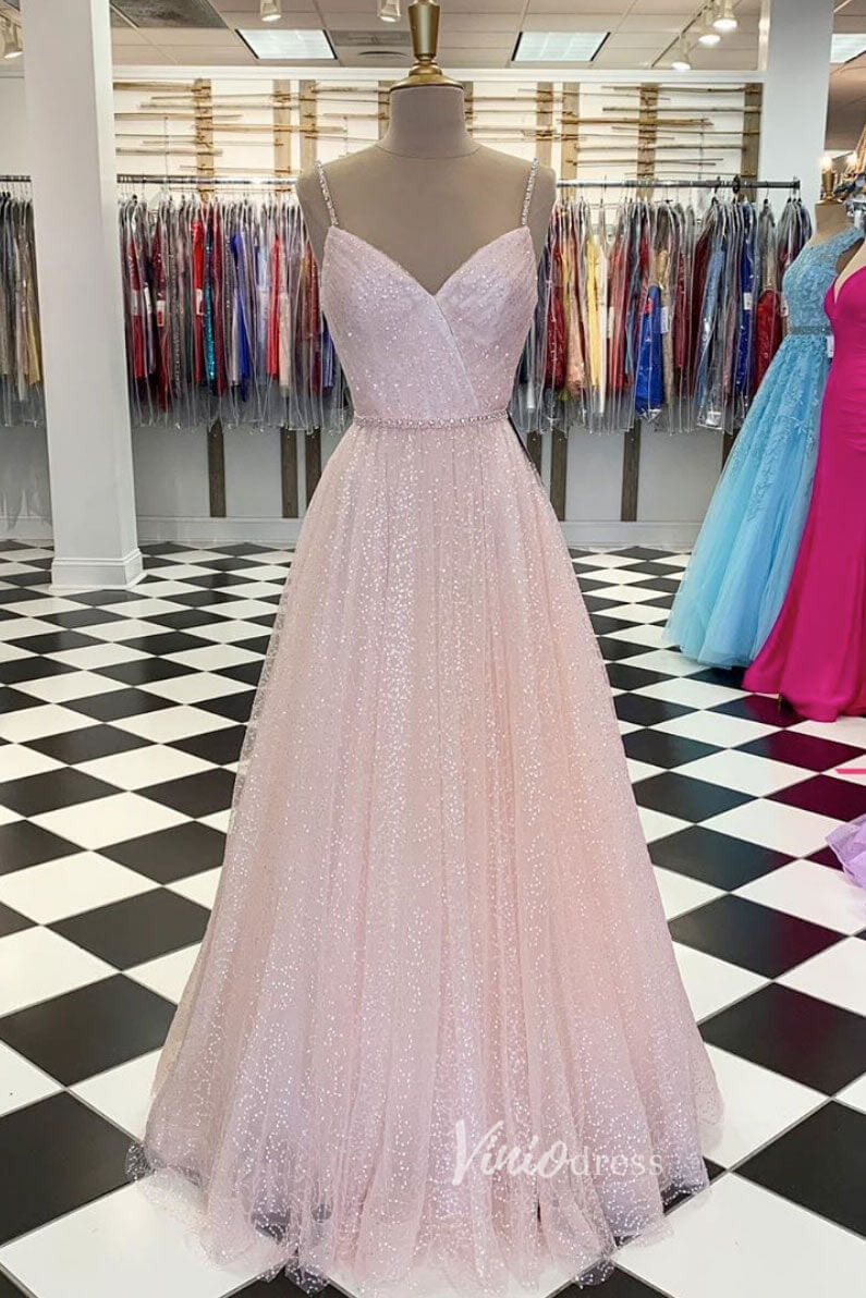 Spaghetti Strap Lavender Prom Dress Shiny Sequin Lace Formal Dress FD2650-prom dresses 2025 -Viniodress-Blush Pink-Custom Size-