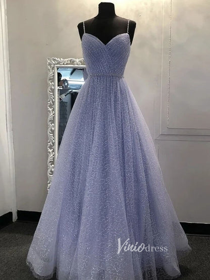 lavender formal dresses Spaghetti Strap Lavender Prom Dress Shiny Sequin Lace Formal Dress FD2 – Viniodress
