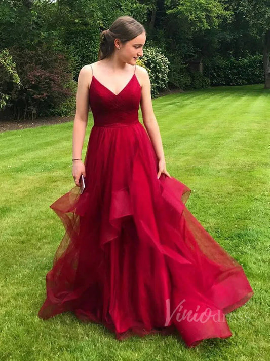 Spaghetti Strap Layered Prom Dresses Dark Red Formal Dress FD1017-prom dresses 2025 -Viniodress-Dark Red-Custom Size-