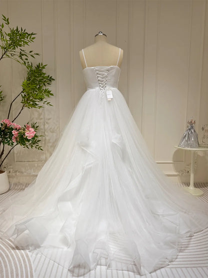 Spaghetti Strap Layered Tulle Wedding Dresses V-neck Tiered Bridal Gown VW1568B-wedding dresses 2025 -Viniodress-Ivory-Custom Size-