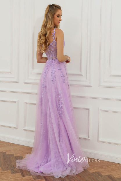 Spaghetti Strap Lilac Lace Prom Dresses with Slit FD1348B Boned Bodice-prom dresses 2025 -Viniodress-Lilac-Custom Size-