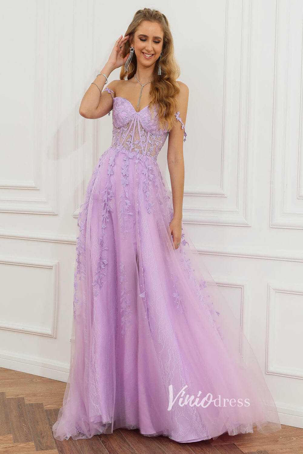 Spaghetti Strap Lilac Lace Prom Dresses with Slit FD1348B Boned Bodice-prom dresses 2025 -Viniodress-Lilac-Custom Size-