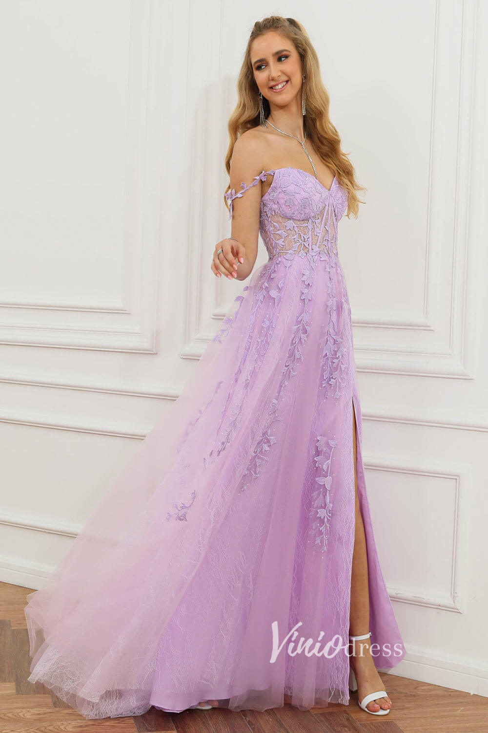 Spaghetti Strap Lilac Lace Prom Dresses with Slit FD1348B Boned Bodice-prom dresses 2025 -Viniodress-Lilac-Custom Size-