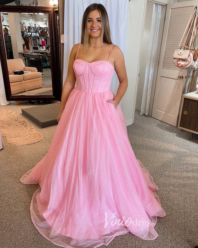 Spaghetti Strap Long Prom Dresses Boned Bodice Sparkly Tulle Formal Dress FD2016B-prom dresses 2025 -Viniodress-Pink-Custom Size-