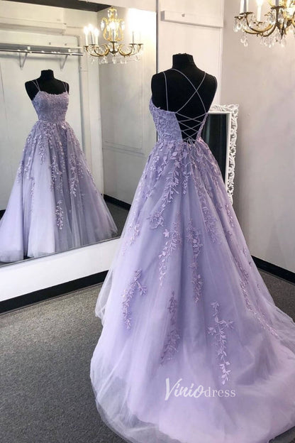 Spaghetti Strap Long Prom Dresses Lace-Up Back FD1265B-prom dresses 2025 -Viniodress-Lavender-Custom Size-