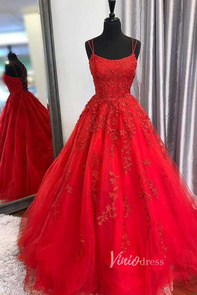 Spaghetti Strap Long Prom Dresses Lace-Up Back FD1265B-prom dresses 2025 -Viniodress-Red-Custom Size-