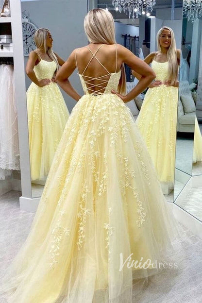 Spaghetti Strap Long Prom Dresses Lace-Up Back FD1265B-prom dresses 2025 -Viniodress-Yellow-Custom Size-