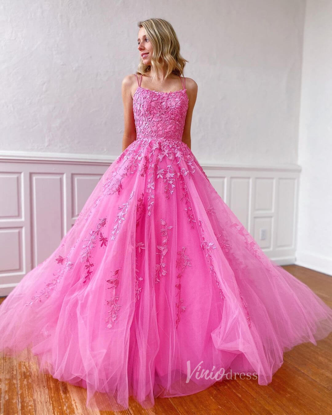 Prom Dress 2025 Spaghetti Strap Long Prom Dresses Lace-Up Back FD1265B-unique prom dresses-Hot Pink-Custom Size-Viniodress