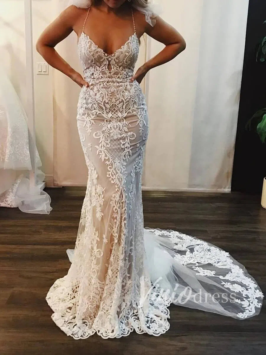 Spaghetti Strap Mermaid Lace Wedding Dresses VW1178-wedding dresses 2025 -Viniodress-Nude-Custom Size-
