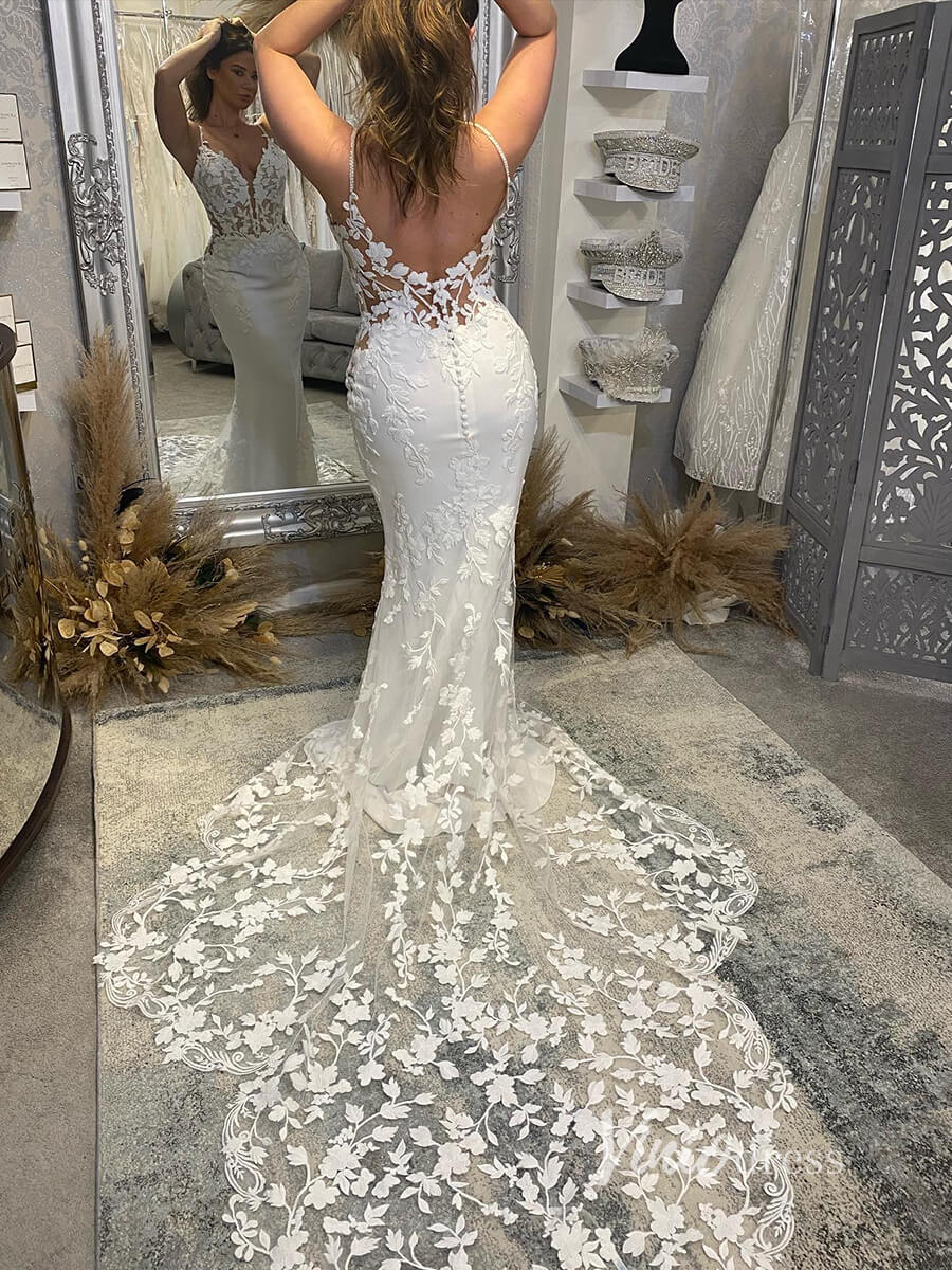 Spaghetti Strap Mermaid Lace Wedding Dresses with Asymmetric Tail VW2120-wedding dresses-Viniodress-Ivory-Custom Size-Viniodress