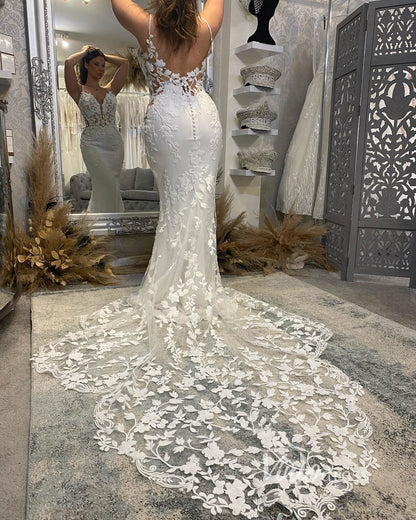 Spaghetti Strap Mermaid Wedding Dress | Lace Appliquéd Backless Gown with Asymmetric Petal Train VW2120-wedding dresses 2025 -Viniodress-Ivory-Custom Size-
