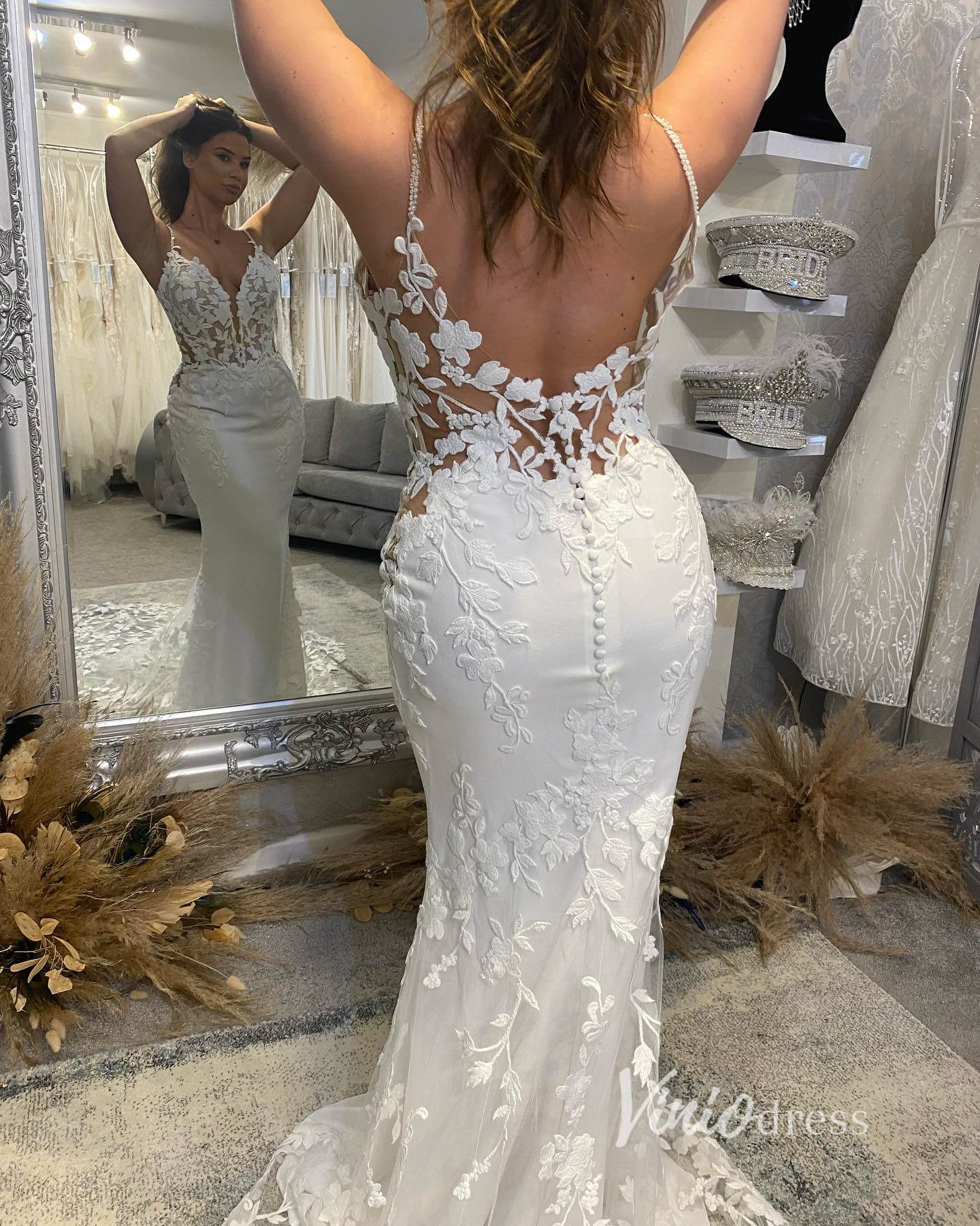 Spaghetti Strap Mermaid Wedding Dress | Lace Appliqud Backless Gown w Viniodress Spaghetti Strap Mermaid Wedding Dress | Lace Appliqud Backless Gown w Viniodress