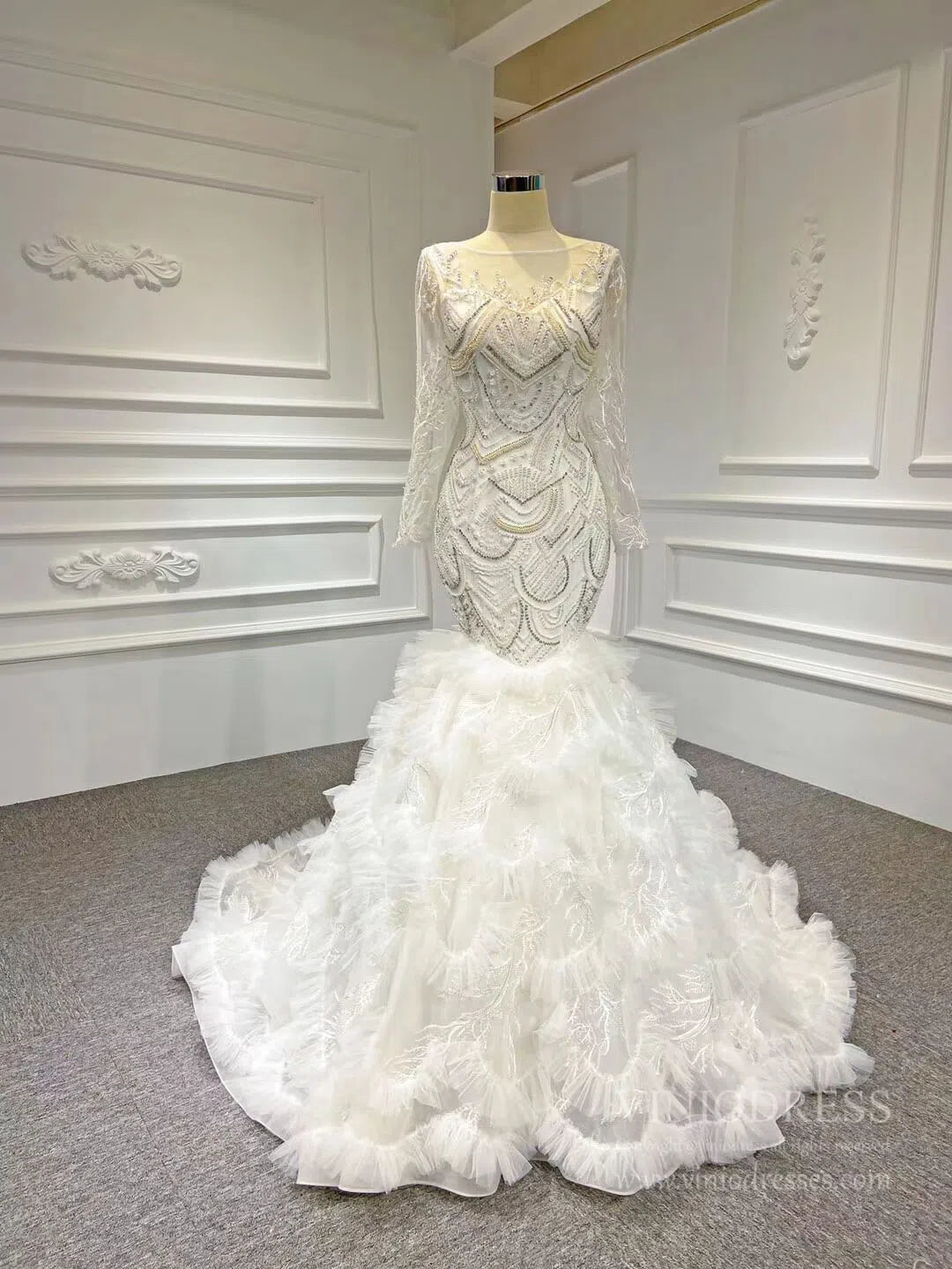 Spaghetti Strap Mermaid Wedding Dresses Layered Tulle Dress VW1766-wedding dresses 2025 -Viniodress-As Picture-Custom Size-Long Sleeve