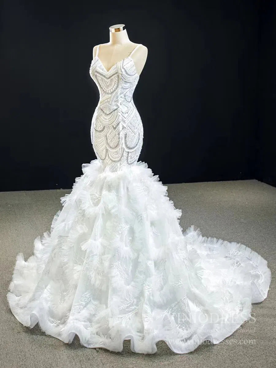 Spaghetti Strap Mermaid Wedding Dresses Layered Tulle Dress VW1766-wedding dresses 2025 -Viniodress-As Picture-Custom Size-Spaghetti Strap