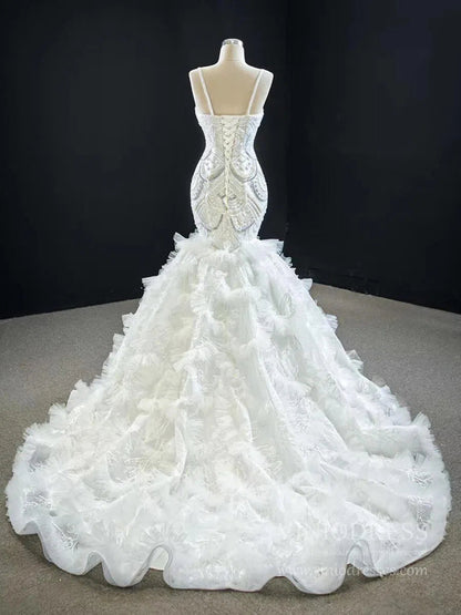 Spaghetti Strap Mermaid Wedding Dresses Layered Tulle Dress VW1766-wedding dresses 2025 -Viniodress-As Picture-Custom Size-Spaghetti Strap