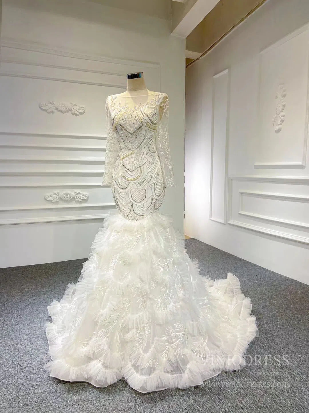 Spaghetti Strap Mermaid Wedding Dresses Layered Tulle Dress VW1766-wedding dresses 2025 -Viniodress-As Picture-Custom Size-Spaghetti Strap