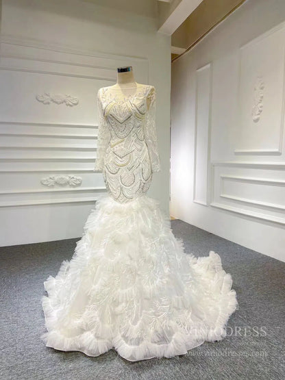 Spaghetti Strap Mermaid Wedding Dresses Layered Tulle Dress VW1766-wedding dresses 2025 -Viniodress-As Picture-Custom Size-Spaghetti Strap