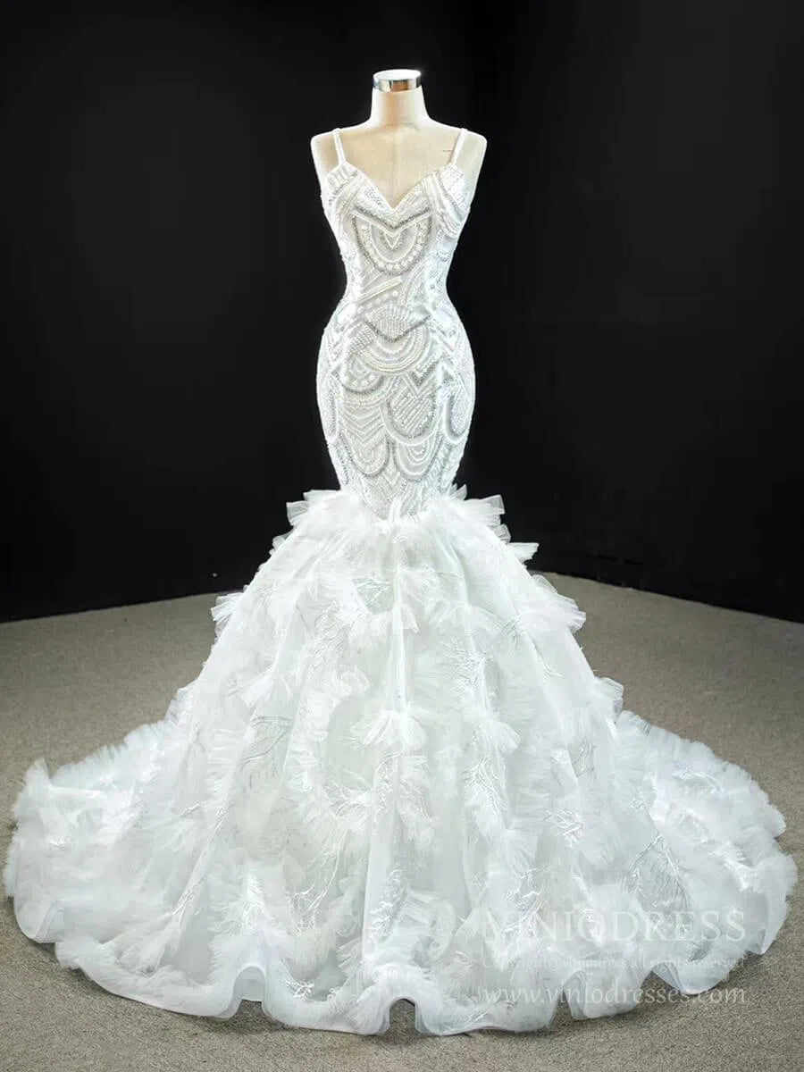 Spaghetti Strap Mermaid Wedding Dresses Layered Tulle Dress VW1766-wedding dresses 2025 -Viniodress-As Picture-Custom Size-Spaghetti Strap
