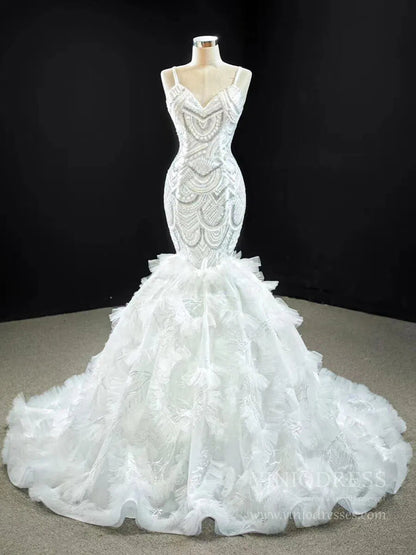Spaghetti Strap Mermaid Wedding Dresses Layered Tulle Dress VW1766-wedding dresses 2025 -Viniodress-As Picture-Custom Size-Spaghetti Strap