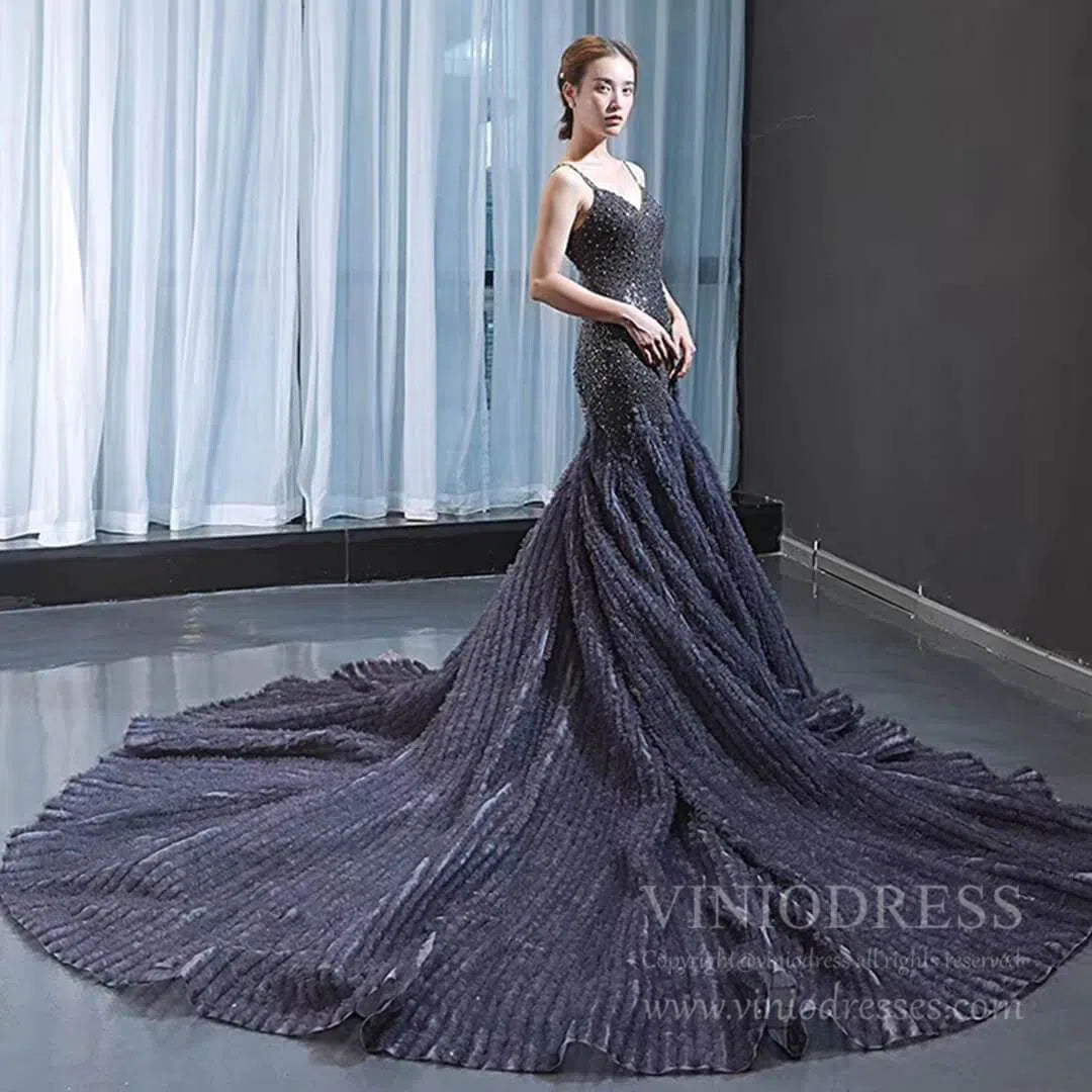 Spaghetti Strap Navy Blue Beaded Prom Dresses with Cathedral Train FD1675 viniodress-prom dresses 2025 -Viniodress-As Picture-Custom Size-