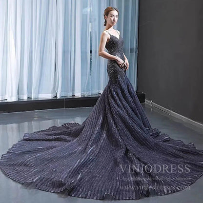 Spaghetti Strap Navy Blue Beaded Prom Dresses with Cathedral Train FD1675 viniodress-prom dresses 2025 -Viniodress-As Picture-Custom Size-