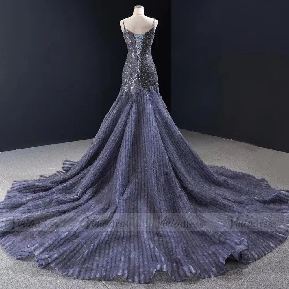 Spaghetti Strap Navy Blue Beaded Prom Dresses with Cathedral Train FD1675 viniodress-prom dresses 2025 -Viniodress-As Picture-Custom Size-