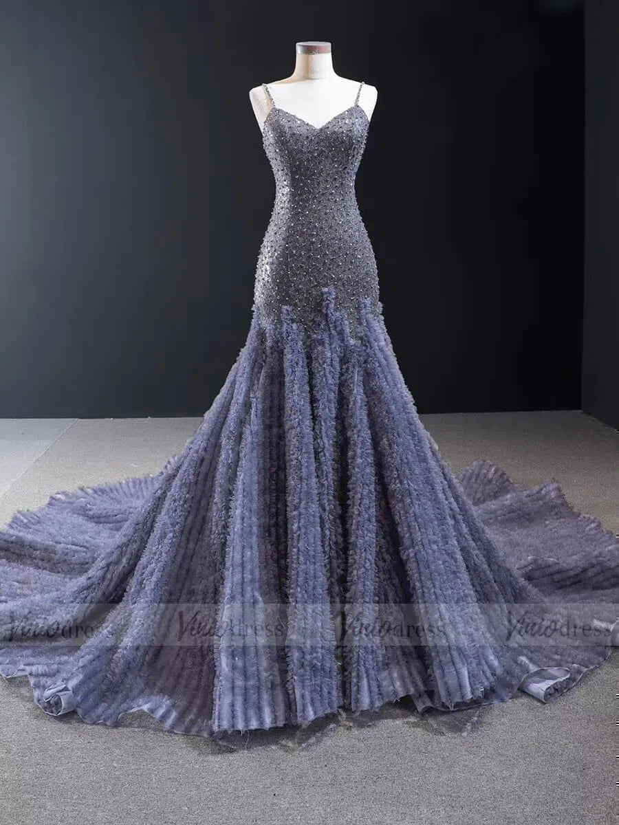 Spaghetti Strap Navy Blue Beaded Prom Dresses with Cathedral Train FD1675 viniodress-prom dresses 2025 -Viniodress-As Picture-Custom Size-