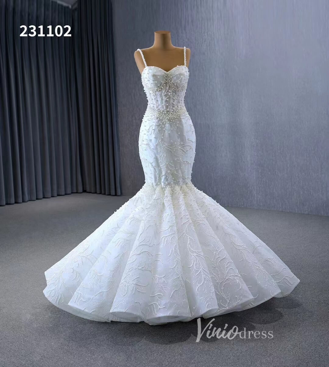 Spaghetti Strap Pearl Mermaid Wedding Dresses Plus Size 231102-wedding dresses 2025 -Viniodress-Ivory-Custom Size-