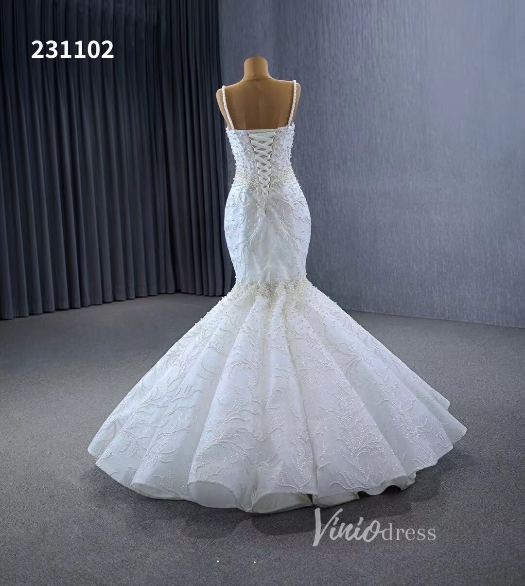 Spaghetti Strap Pearl Mermaid Wedding Dresses Plus Size 231102-wedding dresses 2025 -Viniodress-Ivory-Custom Size-